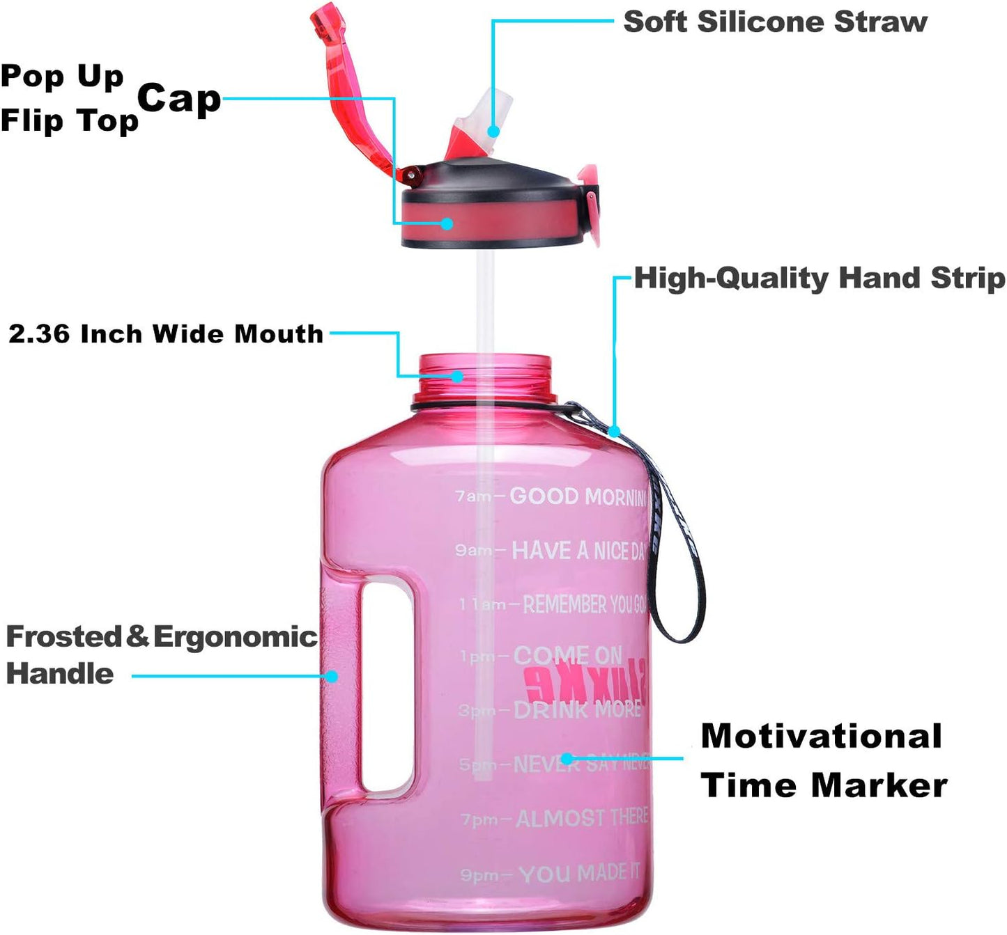 1 Gallon Water Bottle with Time Marker and Straw, BPA Free 128Oz Leak Proof Motivational Large Water Bottle Jug with Handle, Pop up Open Sports Big Bottle Jug with Comfortable Silicone Nozzle