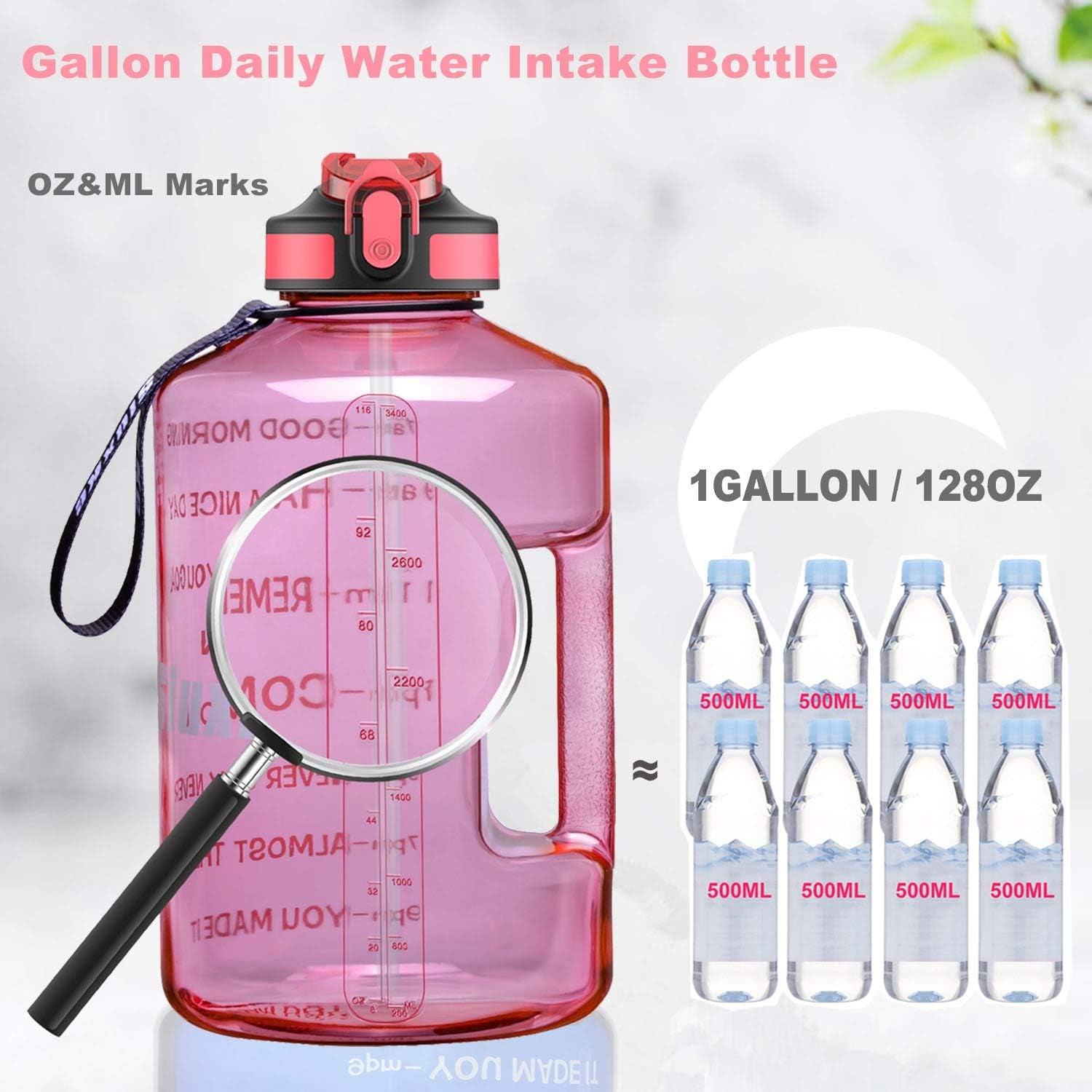 1 Gallon Water Bottle with Time Marker and Straw, BPA Free 128Oz Leak Proof Motivational Large Water Bottle Jug with Handle, Pop up Open Sports Big Bottle Jug with Comfortable Silicone Nozzle